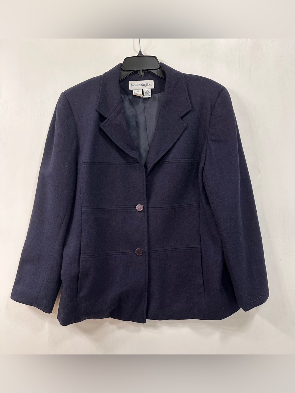 Norton McNaughton Vintage Navy Blue Jacket Women Size 12 Woolmark Pure Wool READ